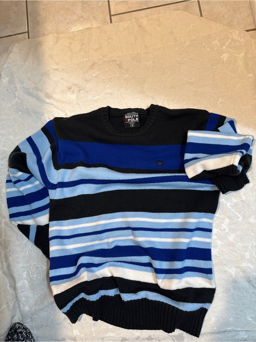 South Pole Men's Black and Blue Striped Crewneck Sweater